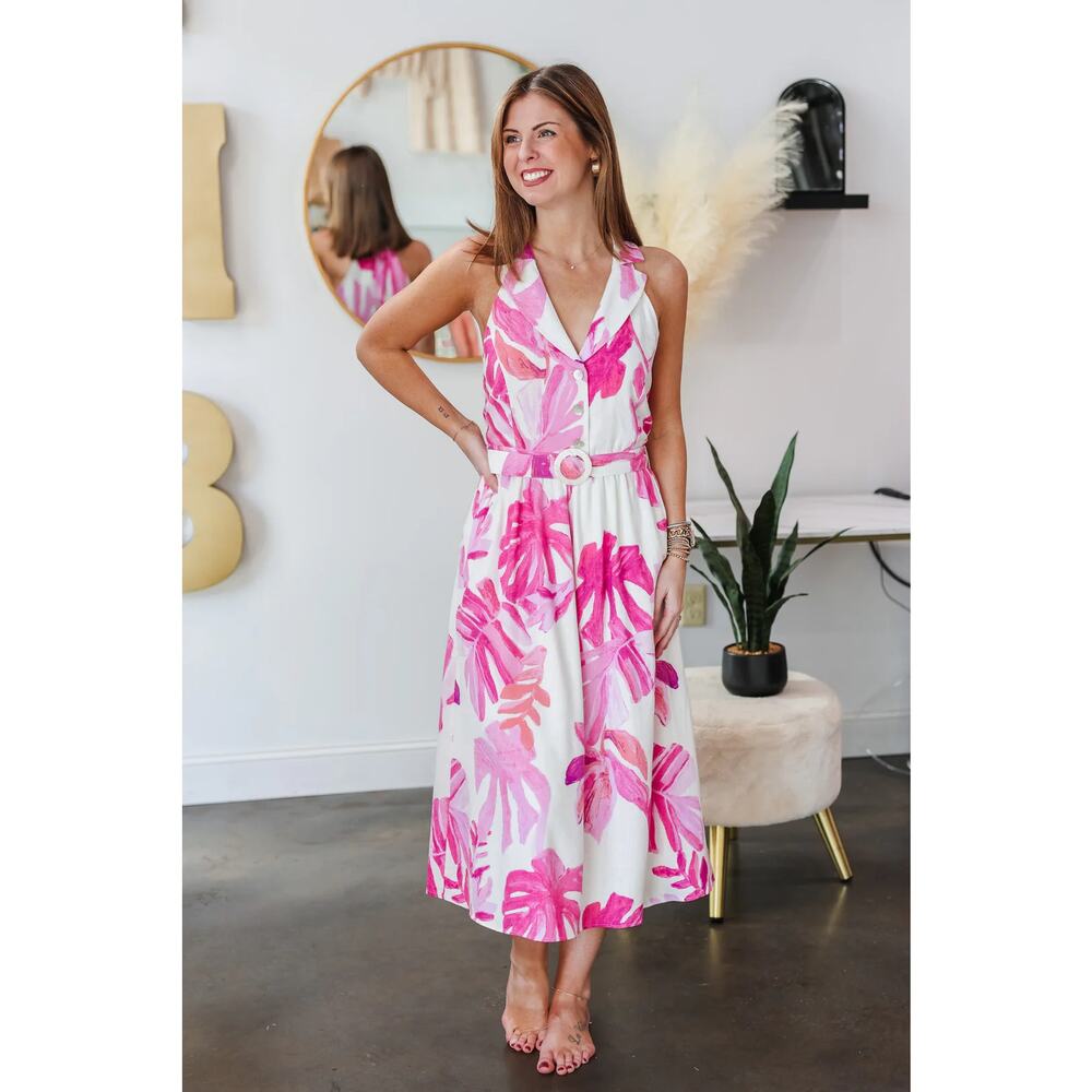 Fate Hawaiian Floral Sleeveless Fit & Flare Midi Dress Linen Blend White Pink M